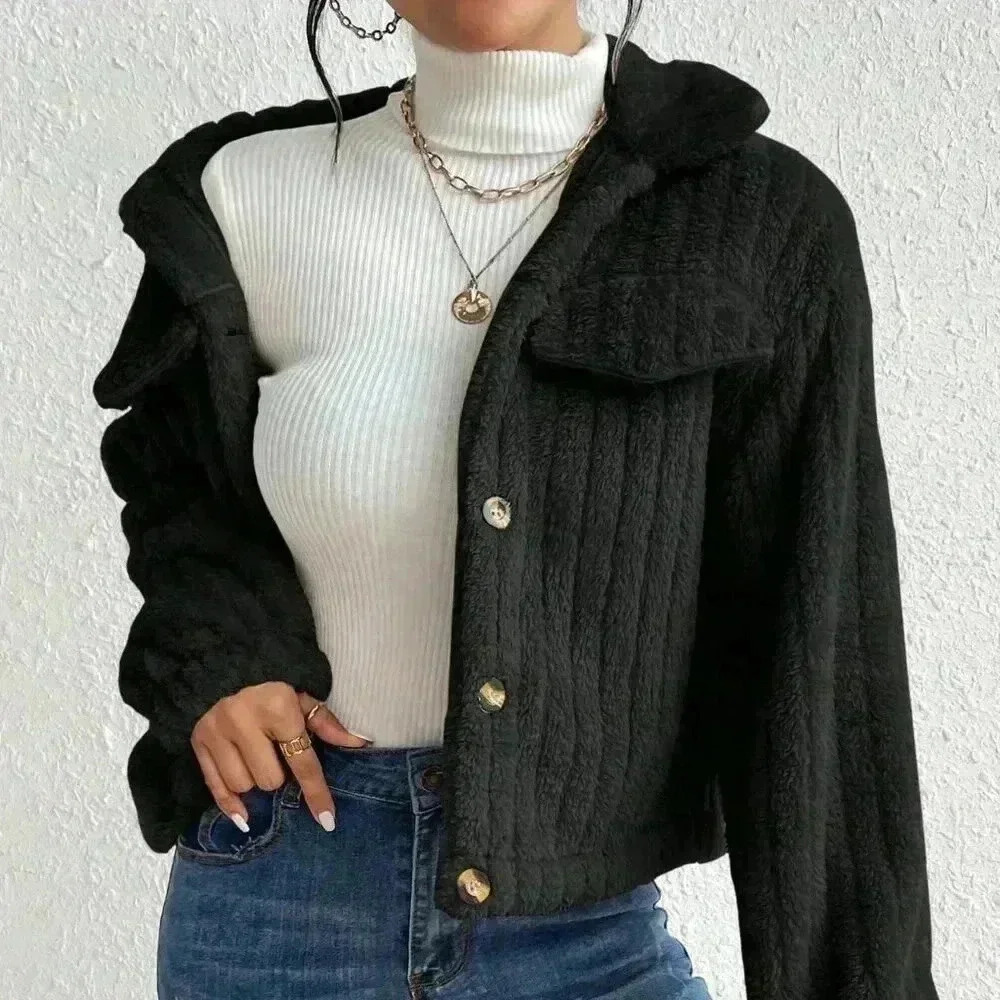 Black Casual Women's Flap Detail Button Front Flannel Jacket - Picture 4 of 6